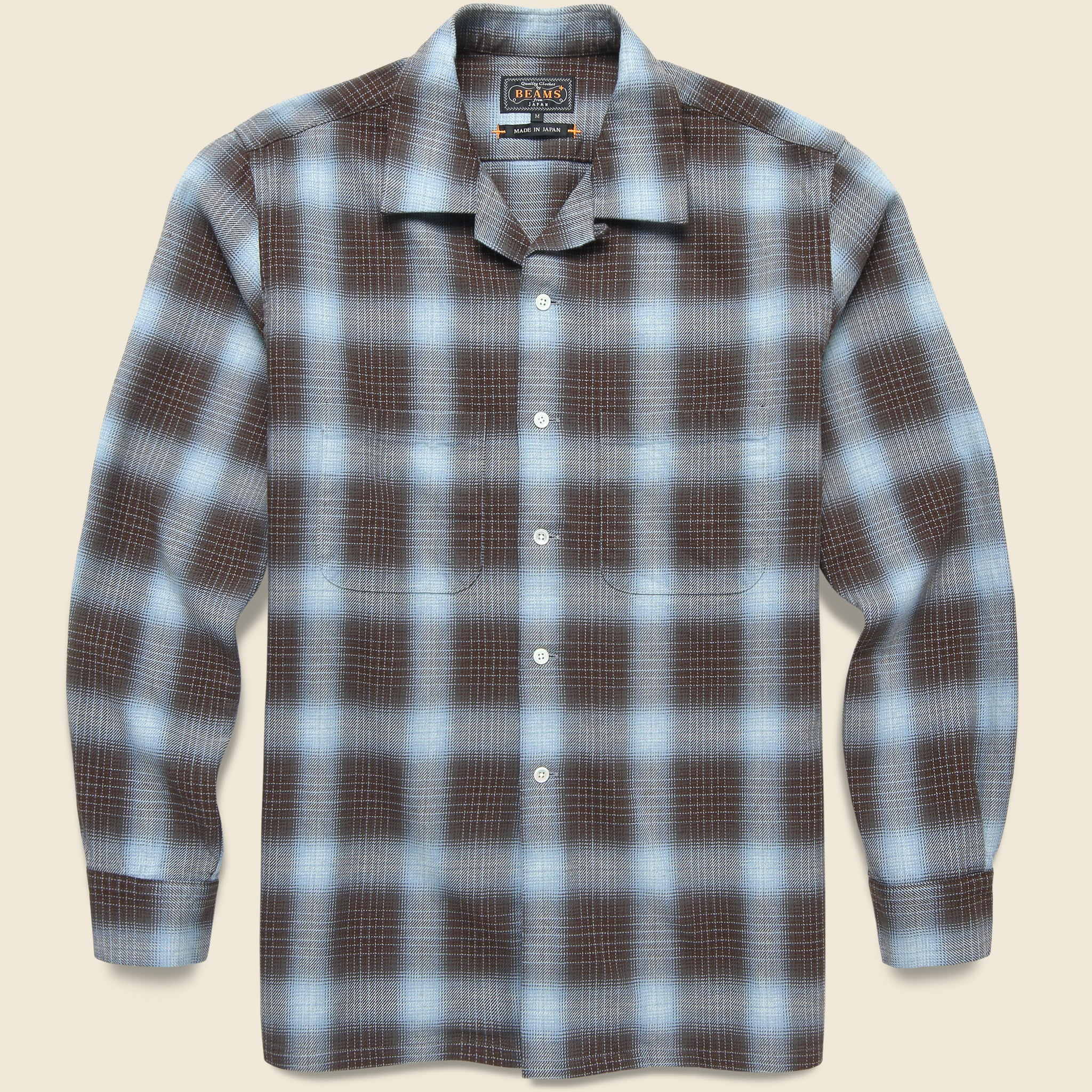 Open Collar Ombre Plaid Shirt - Brown