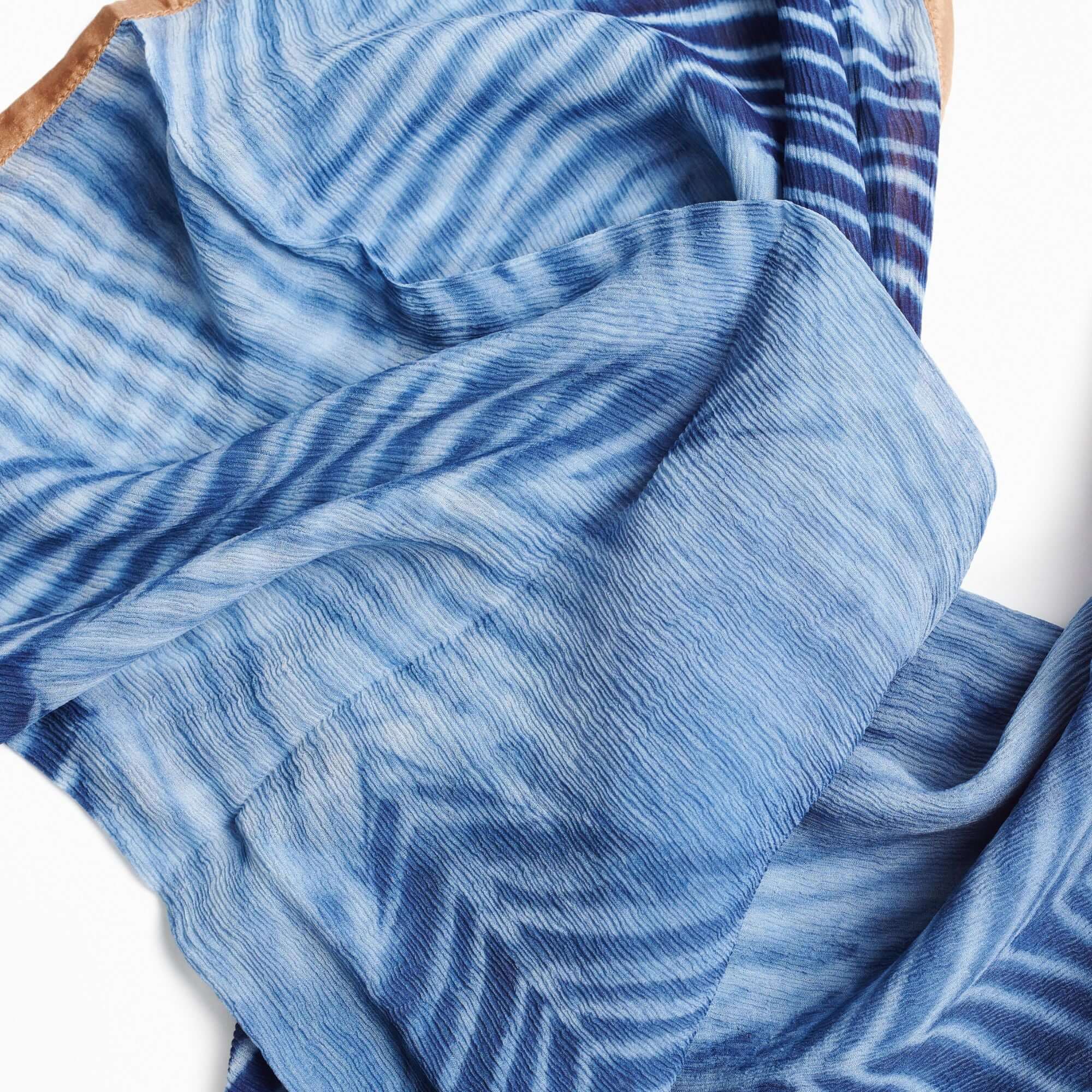 Hand Printed Silk Chiffon Scarf in Indigo Shibori Print – Variously