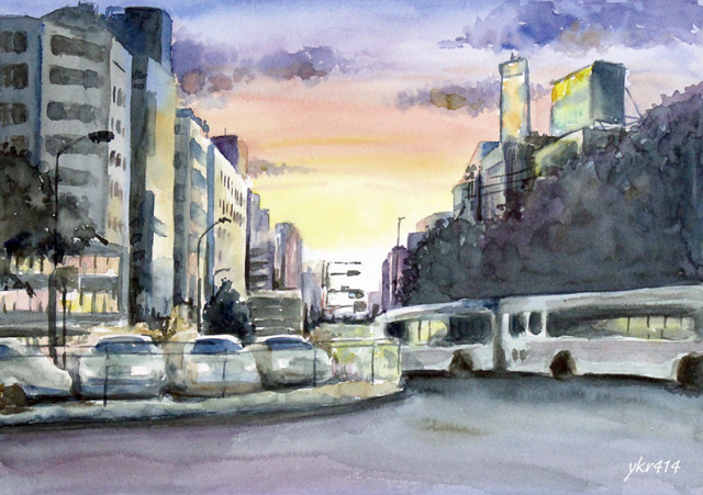 いつもの風景」という水彩画を描きました 東京都内にある公園の風景